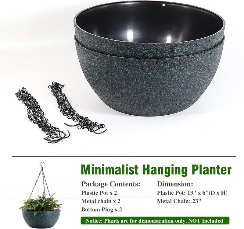 WOUSIWER 13 inch 2 Pack Large Hanging Planters for Indoor Outdoor Plants with Drainage Holes and Chain, Round Hanging Flower Pots for Garden Home Porch Decor, Black with Green Speckles - Image 4